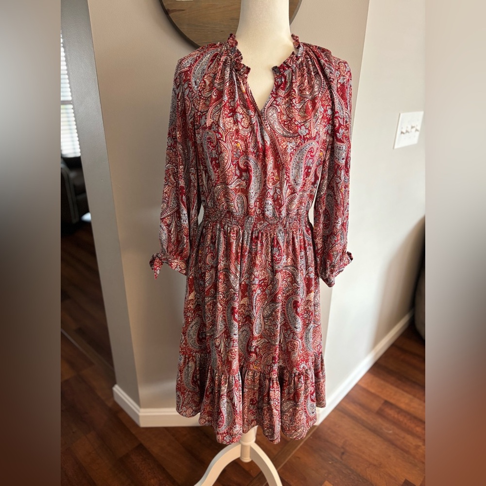 Talbots Red and Gray Paisley Long Sleeve Dress
